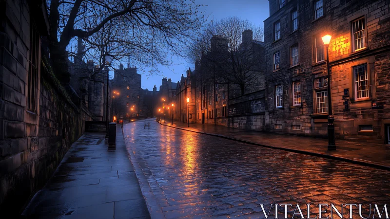 Wet cobblestone street reflects orange lamplight at dusk