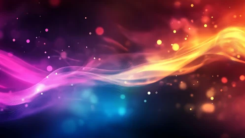Colorful flowing light waves on dark abstract background.