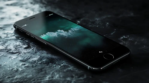 Midnight smartphone adrift on liquid obsidian deskscape.