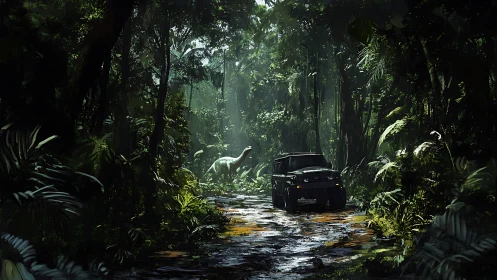 Off-road utility vehicle confronting sauropod in dense jungle.