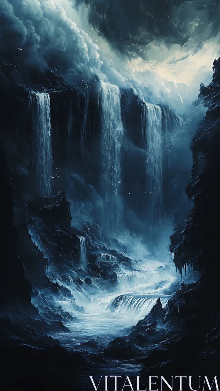 Storm-sculpted abyssal canyon with cascading glacial waterfalls