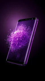 Photorealistic violet smartphone with luminous particle burst.
