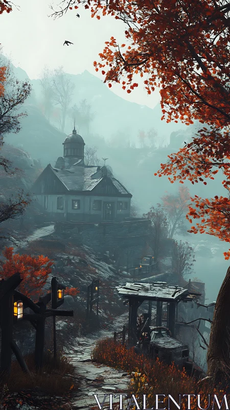 Foggy riverside structure stands amid autumn hillside path