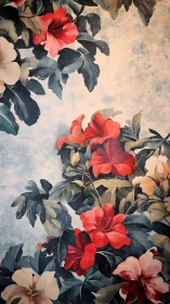 Red hibiscus floral painting on textured blue background.