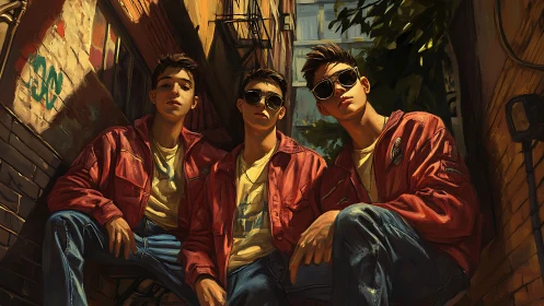 Three young men in red jackets sit in a narrow alleyway