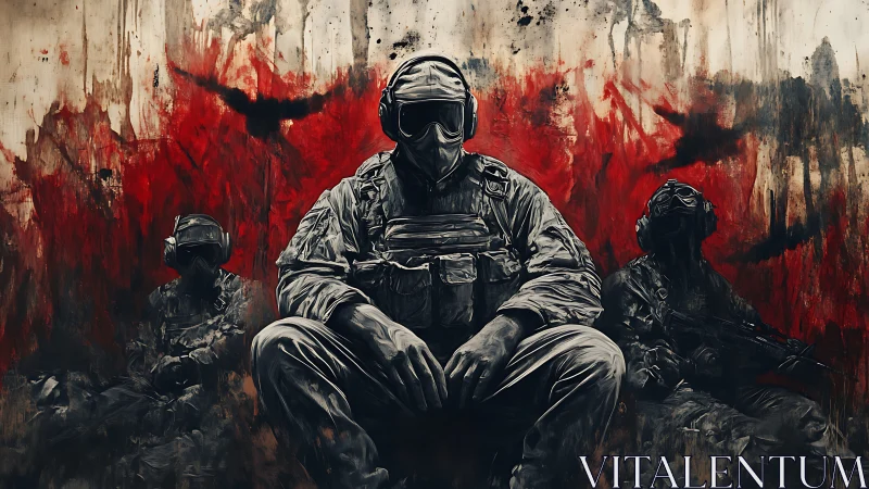 Armed soldiers in tactical gear before abstract red field.