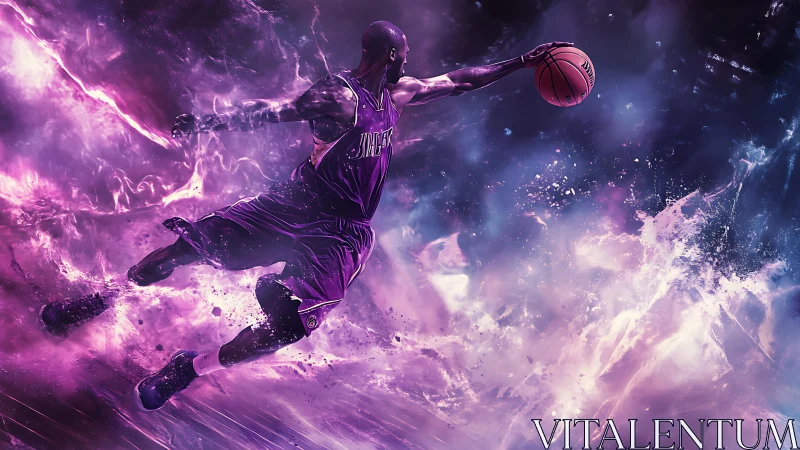 Basketball player midair with purple energy background.