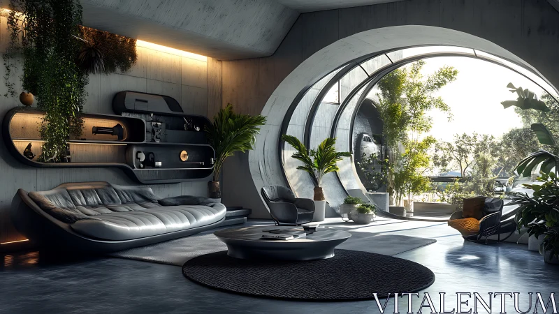 Futuristic Pod-Dwelling: Biophilic Workspace in Brutalist Interior.