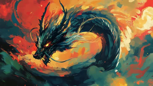 Elemental serpentine dragon swirling through molten sky.