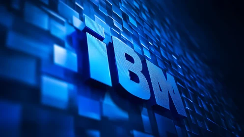 Bold blue IBM logo glows against a dynamic digital wall