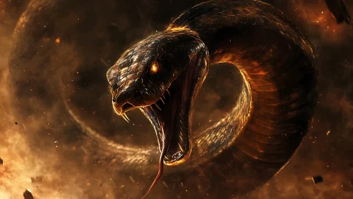 Infernal serpent arcs through embers with molten fury unleashed.