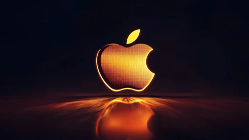 Glowing golden apple logo floats above reflective dark surface