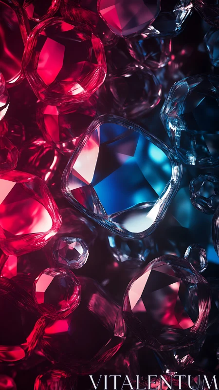Prismatic crystal cluster in red and blue volumetric lighting.