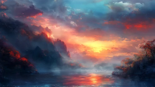 Skyfire over misted fjords at the dreaming water’s edge.