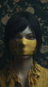 Muted portrait of masked girl in yellow against floral wallpaper