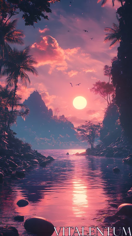 Neon twilight river hums softly beneath a candyfloss sky