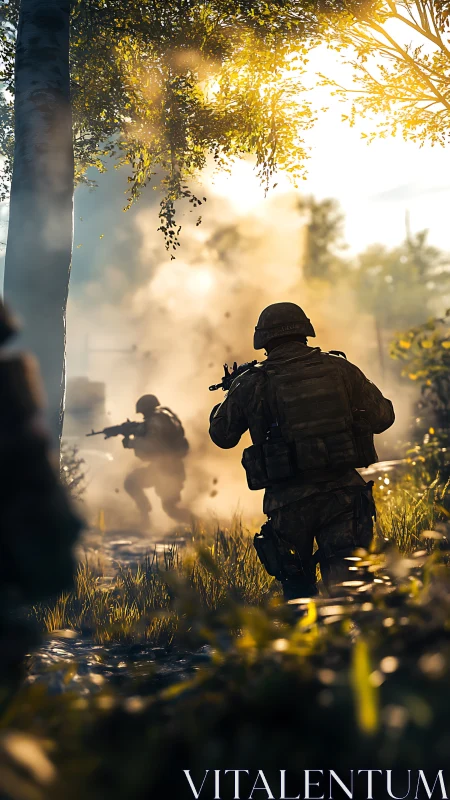 Tactical infantry patrol advancing through sunlit forest combat zone