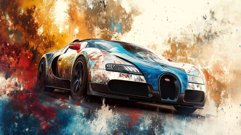 Paint-splashed hypercar charging through molten color storm.
