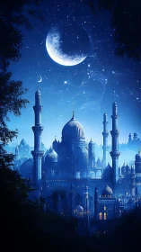 Moonlit sapphire citadel beneath a crescent sky.