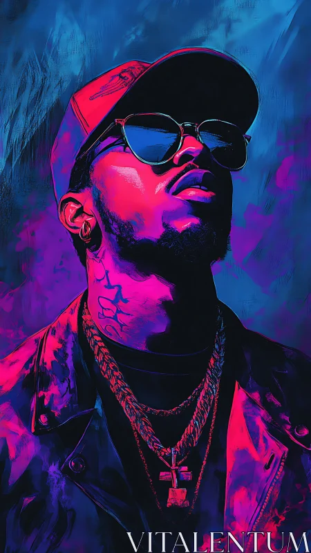 Neon-bathed portrait of urban figure in duotone vaporwave lighting.