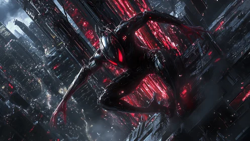 Cybernetic predator crouched over neon dystopian cityscape.