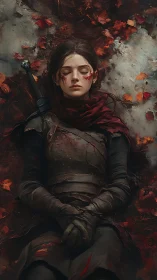 Fallen warrior maiden resting amid crimson autumn leaves.