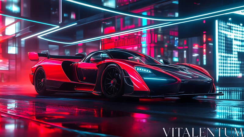 Cyberpunk supercar portrait in neon urban tunnel environment.