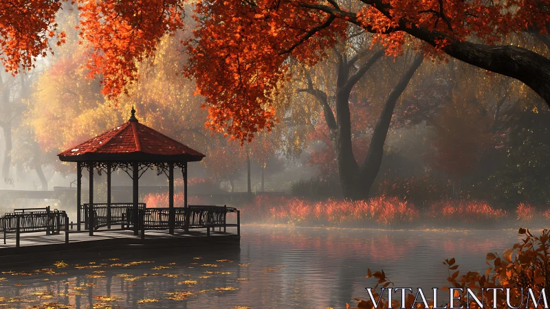 Autumn gazebo rests over misty lake in glowing morning light