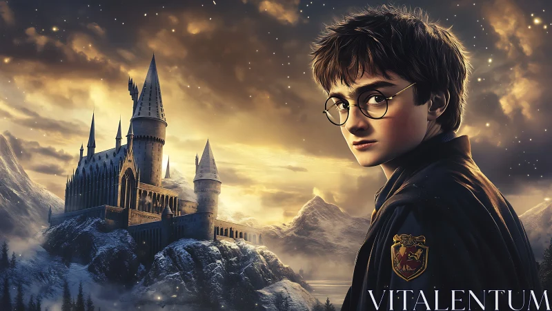 Young wizard overlooks snowbound castle at dusk sky