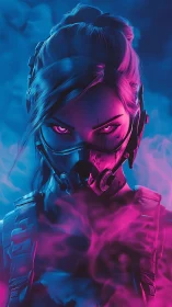 Masked cyberpunk soldier stands in neon smoke and stares ahead