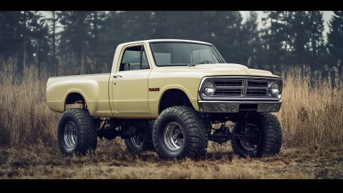 Lifted vintage pickup truck is positioned in a grassy field