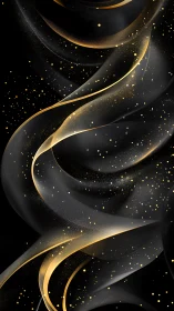 Black background with gold abstract ribbons and particles.