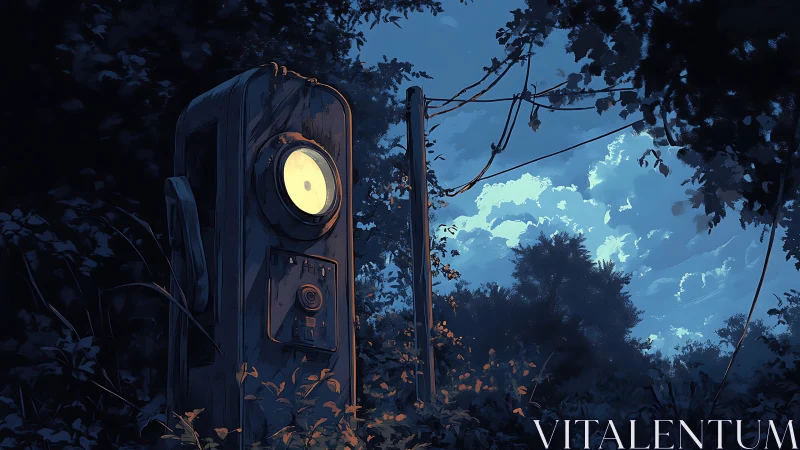 Lonely forest phone glowing softly under a dreamy sky.