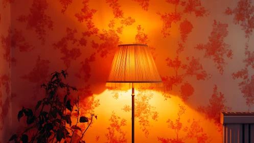 Floor lamp illuminating patterned wall in warm light.