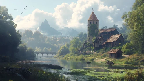 Medieval riverside village rests below distant misty peaks