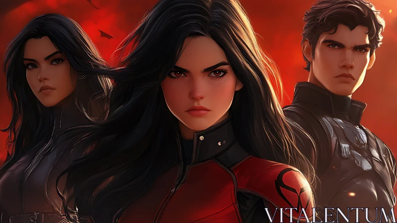 Three determined heroes against red storm sky backdrop.