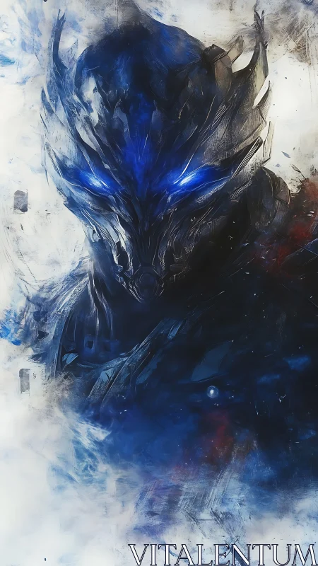 Dark armored alien figure with intense blue glowing eyes.