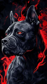 Molten-ink canine sentinel amid red combustion plumes.
