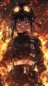 Firelit heroine with glowing eyes in a storm of sparks.