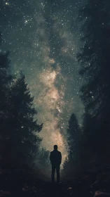 Silhouette observes dense Milky Way band over dark forest