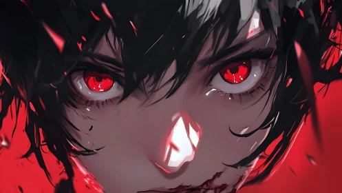 Intense red-eyed portrait in high-contrast anime close-up.