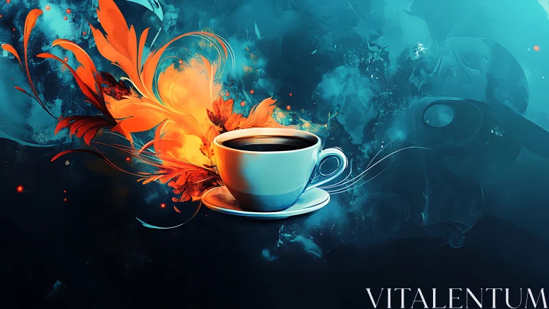 Digital painting of coffee cup amid fiery floral abstraction.