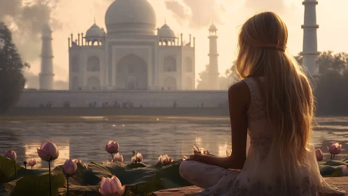 Golden hour meditation beside domed marble monument.