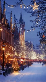 Snowy European boulevard lined with glowing Christmas lights.