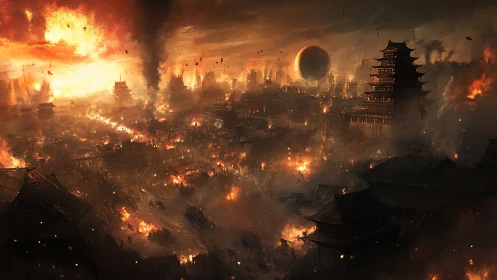 Burning imperial city under eclipsed apocalyptic sky