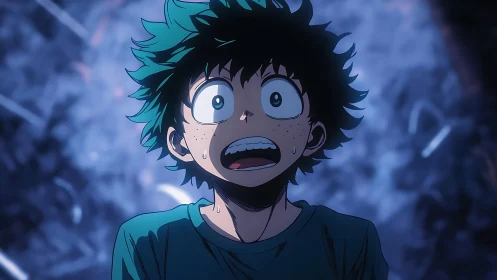 Anime boy in close-up, illuminated in dark blue scene.