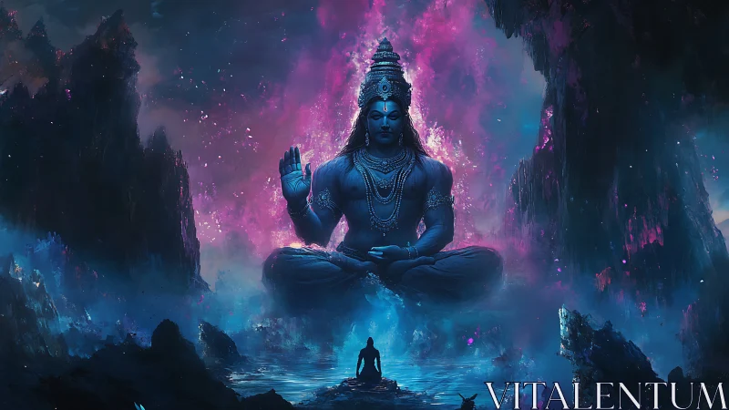 Cosmic blue deity meditates above mystic canyon shrine