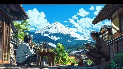 Mountain village lunch scene under bright summer sky.