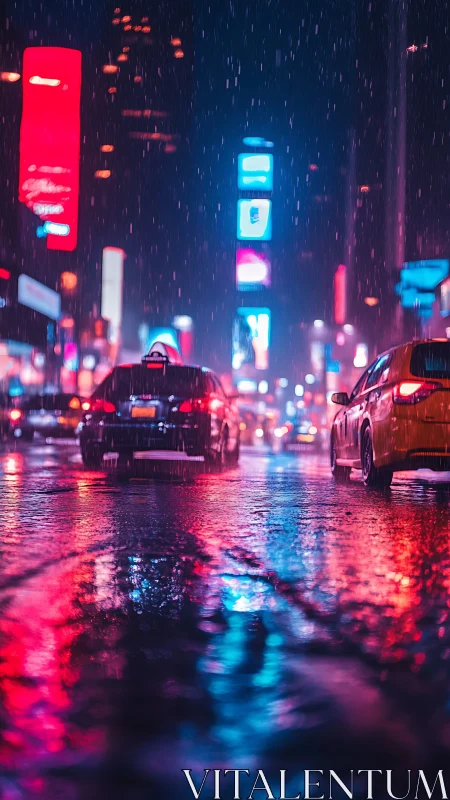 Neon-lit rainy city street with shallow depth and reflective bokeh