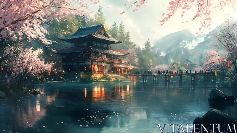 Cherry blossom dusk over tranquil lakeside temple haven.